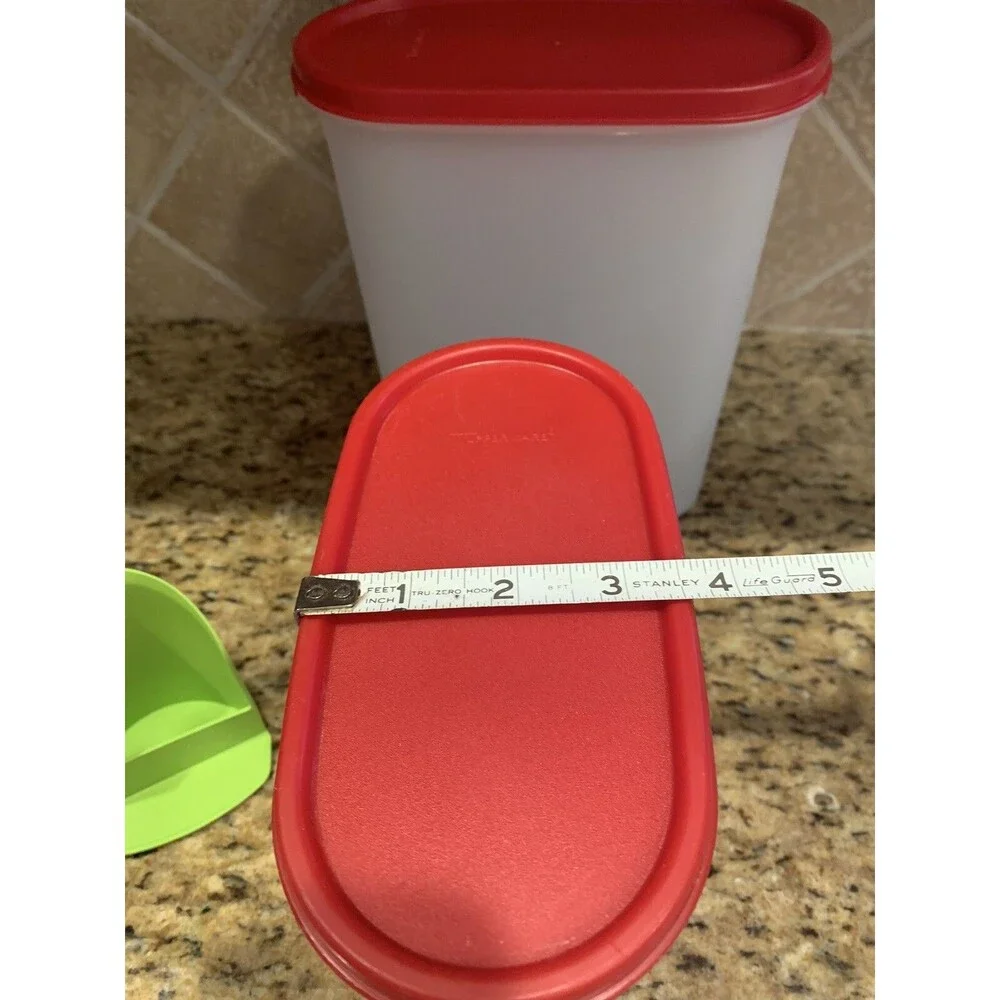 3 Tupperware Oval Modular Mates  (2) 1614, (1) 1613 Red Lids & 2 Rocker Scoops